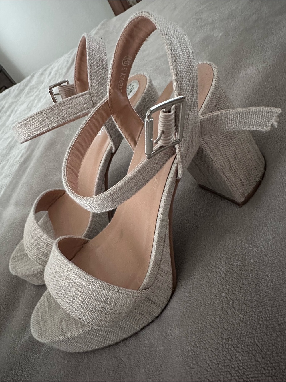 TOP Moda Beige Linen Platform Block Heel Sandals